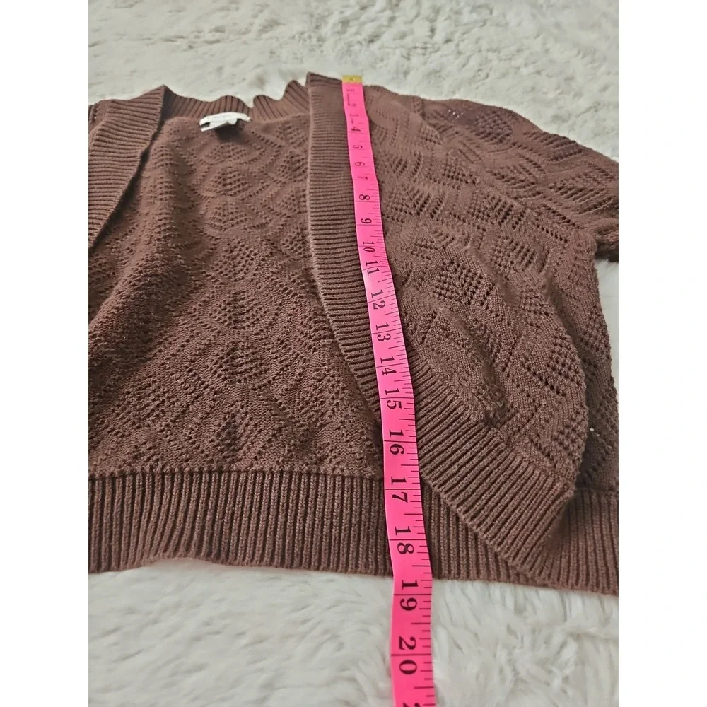 Worthington Cropped Cardigan Sweater XL Brown Open Front Pointelle Knit Cotton